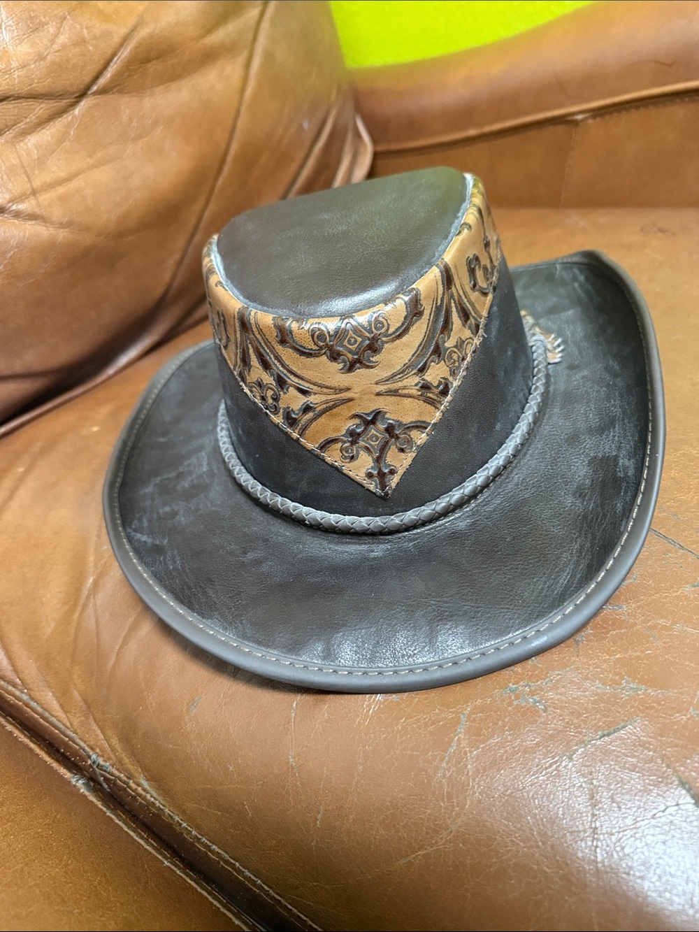 Women's Black Leather Cowboy Hat with Tan Embossed Crown